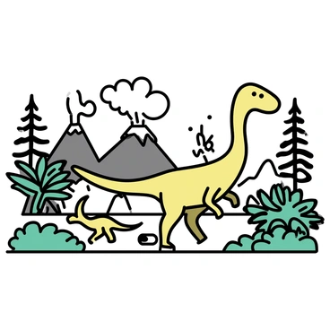 A group of dinosaurs, including a tall Brachiosaurus with a long neck and a small Velociraptor, is roaming a lush prehistoric landscape. In the background, several volcanoes are visible, with smoke billowing from their peaks. A dense jungle made up of large ferns and tall conifers surrounds the area. The ground is uneven with rocky outcrops peeking through the greenery. The sky is clear, suggesting a warm day in this ancient environment.
