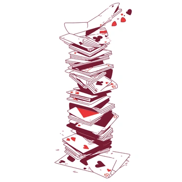 A tall and intricate tower constructed from playing cards is positioned at the center of the image. The cards are meticulously arranged, showcasing various designs, colors, and patterns, with some cards displaying the vibrant red hearts and black spades. The top of the tower is leaning precariously to one side, indicating it is about to collapse. Several cards are already starting to slide off the structure, creating a dynamic sense of impending motion. The surface beneath the tower is smooth and reflective, enhancing the focus on the delicate balance of the playing cards.