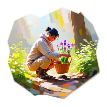 A forager with medium skin and dark hair, dressed in earthy-toned clothes, is kneeling on the forest floor, carefully collecting wild allium plants. The surrounding area is filled with lush greenery, including various types of ferns and tall grasses. Light filters through the tree canopy above, creating dappled patterns on the ground. The forager holds a woven basket in one hand, while the other hand gently pulls up the allium plants, their purple flowers and slender green stalks visible. Small patches of sunlight illuminate the vibrant colors of the allium against the rich earth tones of the forest floor.