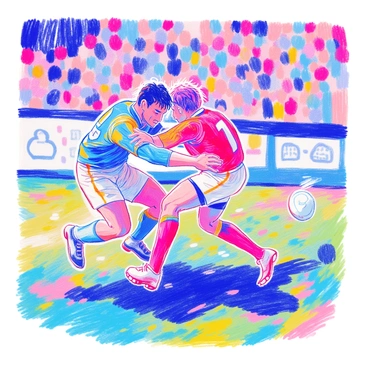 Two players are engaged in a fierce tackle, their bodies positioned in mid-action as they collide on a grassy field. One player is wearing a blue jersey while the other is in red, both showing expressions of determination and focus. The ball is depicted flying away from them in a dynamic arc, emphasizing the intensity of the moment. The background features a blurred crowd, highlighting the excitement of the game. The grass beneath their feet is visibly disturbed from the impact, adding to the sense of movement.