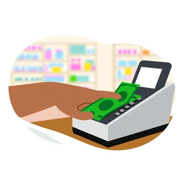 A hand with medium skin tone is reaching over a wooden counter towards an open cash register. The hand is partially bent, fingers extended as if about to grasp a stack of bills inside the register. The cash register is metallic with a small display screen, and various denominations of cash are visible within. The background features a blurred shop interior with shelves and products, adding context to the scene.