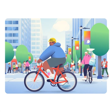 A person with medium skin tone is cycling through a bustling city street on their way to work. They are wearing a bright yellow helmet and a blue jacket. The bicycle is red with a sleek design and a visible water bottle attached to the frame. Surrounding them are tall buildings with glass windows reflecting the morning light. Numerous pedestrians and other cyclists are visible, creating a lively atmosphere. Some trees line the sidewalk, and a few colorful banners hang from the lampposts along the road. The person's expression shows enthusiasm, embodying the feeling of energy as they navigate through the busy environment.