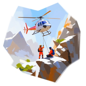 A helicopter conducting a rescue operation over a rugged mountain terrain