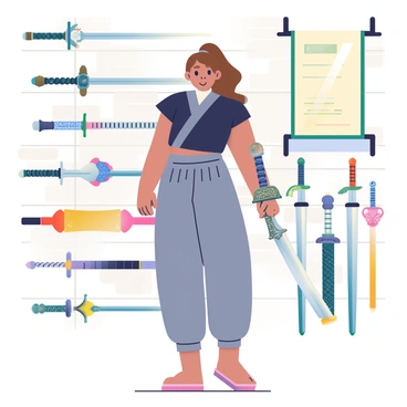 Tenten is standing confidently in a well-lit room, surrounded by an array of unique ninja weapons. She has long brown hair tied into a high ponytail and is wearing a traditional ninja outfit composed of a dark blue top and gray pants. Various weapons are displayed on sleek, modern racks around her, including shurikens, scrolls, and long, ornate swords. Tenten is holding a shining, intricately designed katana in her right hand, showcasing it proudly. Some weapons feature colorful handles and unique patterns, while others are more minimalist in design. The background includes a wooden wall with subtle textures, enhancing the focus on the weapon collection.