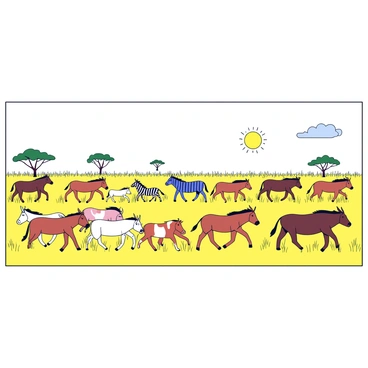 A herd of various animals migrating across a vast savanna. The scene includes a mix of wildebeests and zebras, all moving in a coordinated manner. The animals are shown in profile, highlighting their distinct shapes and features. The savanna is characterized by tall grasses and a few scattered acacia trees in the background. The sky is clear with a bright sun overhead, casting soft shadows on the ground. The illustration is centered on the migration, with the animals taking up most of the space on the 18x24 illustration board.