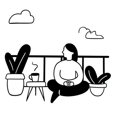 A person sitting cross-legged on a balcony, engaged in meditation. The individual has long hair that flows gently with the breeze. A steaming cup of coffee is placed on a small table next to them. The balcony is adorned with potted plants that add greenery to the scene. In the background, there is a view of a distant skyline. A few wisps of clouds can be seen in the sky above. The overall composition conveys a moment of tranquility and mindfulness.