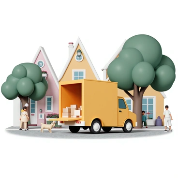 A bright yellow truck, with a simple design and visible delivery markings, is parked on a cobblestone street in a quaint village. The truck has its back open, revealing neatly stacked boxes ready for delivery. Surrounding the street, there are charming, old-fashioned buildings with colorful facades, flower boxes under the windows, and hanging lanterns. A few villagers, dressed in casual clothing, are walking nearby, and a small dog is curiously looking at the truck. Lush green trees line the street, adding to the picturesque atmosphere.
