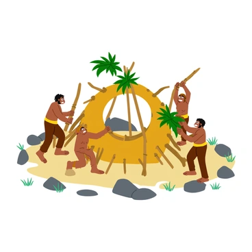A group of Neanderthals working together to build a thatched shelter. They are using long branches as the framework, carefully arranging them in an open circular shape. Large leaves and grasses are being added to create a thick roof for the structure. Two Neanderthals are reaching high to secure the branches, while another is gathering more leaves from the surrounding area. The environment features rugged terrain with scattered stones and patches of grass. The sky above is clear, adding to the focus on the activity of shelter construction.