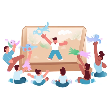 A group of children is engaged in a puppet show, each child holding a different handmade puppet. The puppets are colorful, featuring various characters like animals and fantasy creatures. The children are positioned behind a simple wooden stage made from cardboard, enthusiastically moving their puppets as they perform. One child is standing in the center, animatedly controlling a puppet with bright colors and distinct patterns. The backdrop of the stage is decorated with hand-drawn scenery, including trees and clouds. A few other children are sitting on the floor, watching the performance with focused attention.