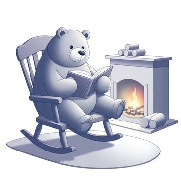 A large, fluffy bear, referred to as "Papa Bear," is sitting comfortably in a traditional rocking chair. The chair is made of polished wood with a curved design, enhancing its cozy appearance. Papa Bear is holding an open book with his large paws, intently reading it. The setting includes a fireplace that is gently glowing with an orange and yellow flame, casting soft light and shadows around the room. There are logs stacked beside the fireplace, contributing to the warm ambiance. A plush rug lies beneath the chair, and a few soft pillows are scattered nearby.
