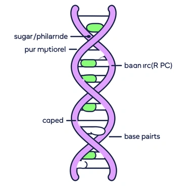An illustration of a DNA double helix structure. The helix is prominently displayed in the center, with two intertwined strands creating the classic spiral shape. Each strand consists of alternating segments representing sugar and phosphate groups, connected by pairs of nitrogenous bases. The bases appear as rungs on the spiral ladder, with the pairs clearly indicated. The structure is labeled with clear text pointing to important features, including "sugar", "phosphate", and "base pairs". The background remains minimal, allowing the focus to be on the intricacies of the DNA structure.