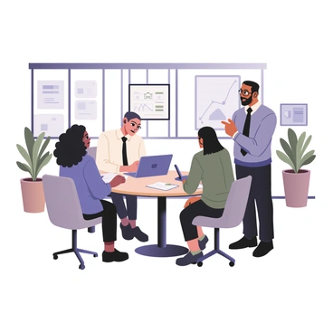 A digital flat illustration showing a diverse group of financial experts working together in a bright office space. There are four individuals: a woman with dark skin and curly hair, wearing a blue blazer, sitting at a round table with a laptop open in front of her. Next to her is a man with light skin and glasses, dressed in a white shirt and black tie, examining a document. Across from them is a woman with medium skin and straight black hair, wearing a green blouse, taking notes on a notepad. Lastly, a man with brown skin and a beard, wearing a gray sweater, is pointing at a chart displayed on a digital screen mounted on the wall. The office features large windows letting in natural light, potted plants in the corners, and modern furniture.