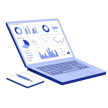 A laptop is positioned on a wooden desk, facing forward. The screen displays an audit dashboard filled with various graphs and statistics. There are pie charts, bar graphs, and line charts, each clearly outlined. The statistics are presented in a structured layout, with key performance indicators highlighted in bold. The keyboard is partially visible beneath the screen, and a notebook lies open beside the laptop, with a pen resting on its pages.