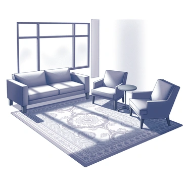 A living room featuring a plush, luxurious carpet. The carpet has intricate patterns woven into its surface, showcasing elaborate designs that add texture and depth. The room is furnished with a comfortable sofa and elegant armchairs arranged around a coffee table. Natural light filters through large windows, casting soft shadows across the carpet, highlighting its rich details and inviting appearance.