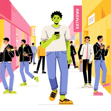 A person walking down a crowded street with a blank expression on their face, resembling a zombie. They have disheveled hair and are wearing casual clothes. Their eyes are fixed intently on a smartphone held in front of them. Surrounding them are blurred figures of other pedestrians, some chatting while others are engrossed in their own devices. Colorful storefronts line the street, with bright signs and various advertisements visible in the background.