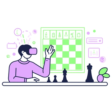 A player wearing virtual reality gear is seated at a sleek, modern table. Holographic chess pieces are displayed above the table, glowing softly and projecting intricate designs. The player's hands are reaching out to interact with the pieces, manipulating them to make a move. The chessboard is suspended in mid-air, with distinctive squares marked out clearly. In the background, there are subtle elements suggesting a high-tech environment, with soft green and purple lighting illuminating the scene.