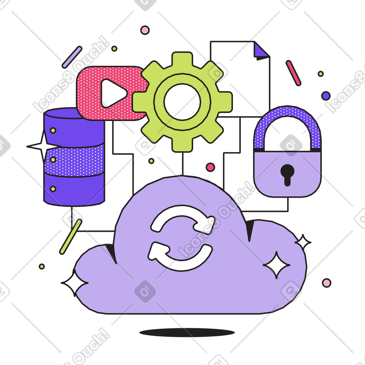 Illustration animée Database and cloud icon with gear, Automated online backup solution dans le style Dazzle à télécharger aux formats GIF, Lottie (JSON), AE