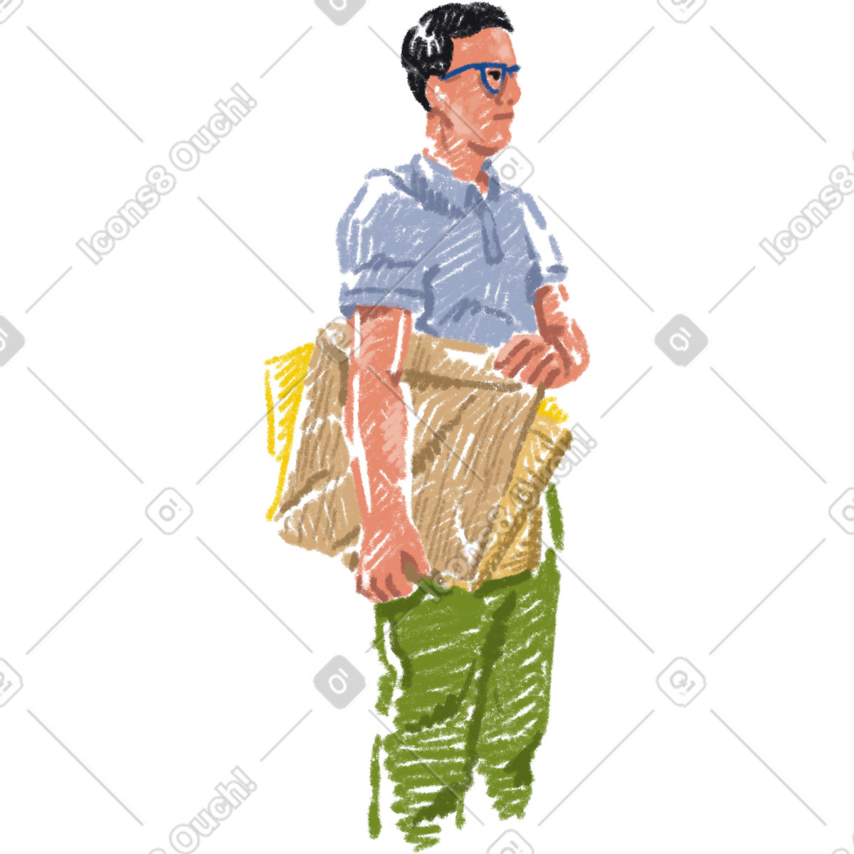 Ilustración Hombre sujetando cartón y papel en estilo Sketchbook a descargar en PNG SVG