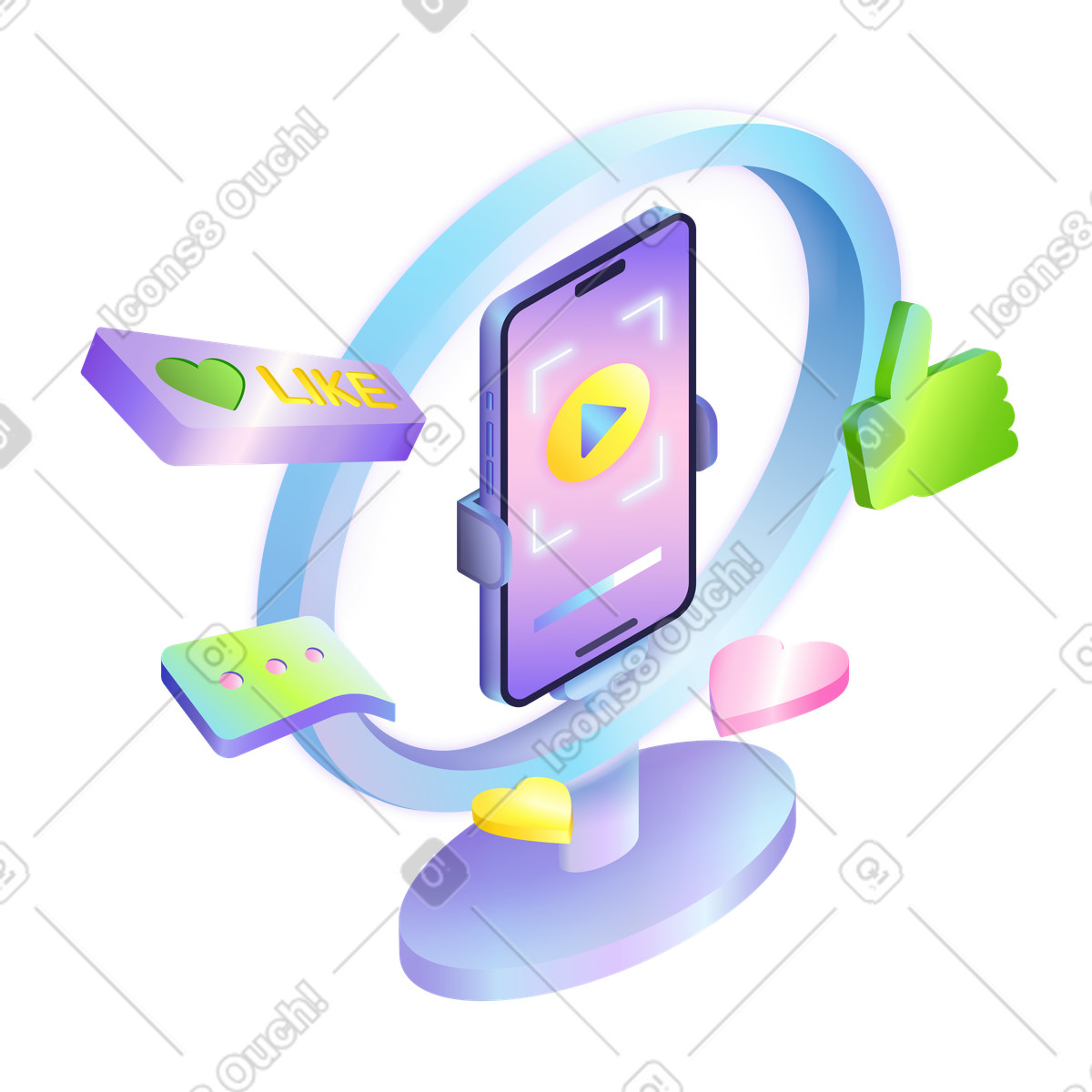 Illustration Création de contenu pour les réseaux sociaux et diffusion en direct dans le style Isotech à télécharger aux formats PNG, SVG