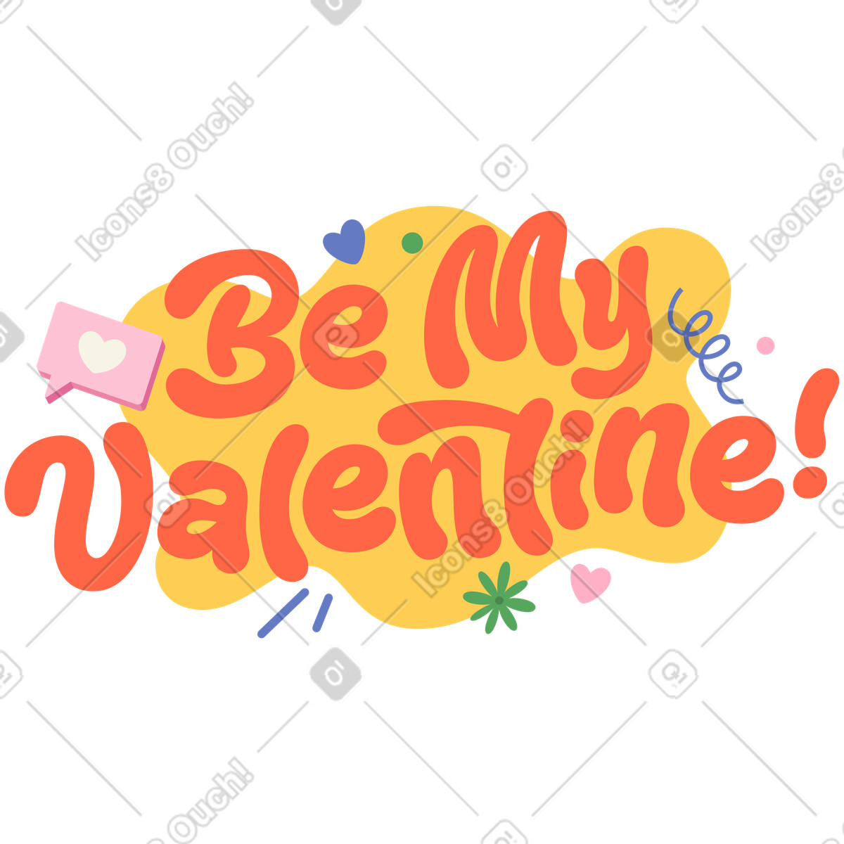 Lettering Be My Valentine! with hearts and decorative elements text illustration in Social style download in PNG, SVG