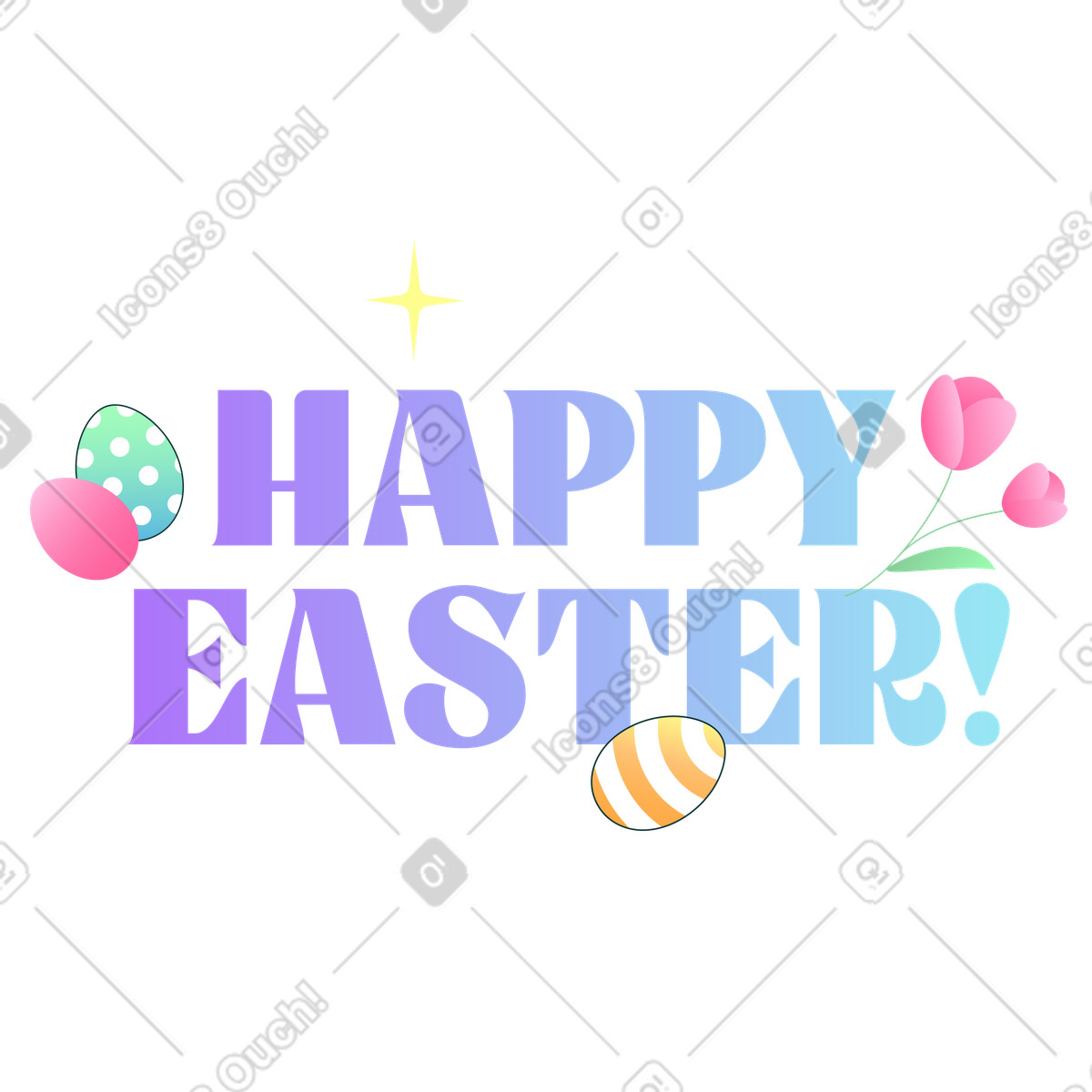 Happy Easter text with eggs and flowers, Festive holiday greeting illustration in Florid style download in PNG, SVG