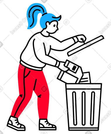 フロッピーディスクをゴミ箱に捨てる女性 PNG、SVG