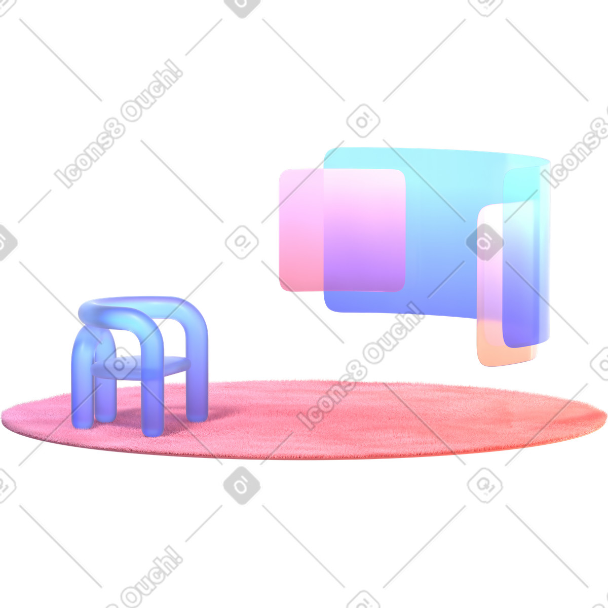 Ilustración Minimalismo abstracto con una silla degradada y paneles flotantes en estilo 3D Glassy a descargar en PNG SVG