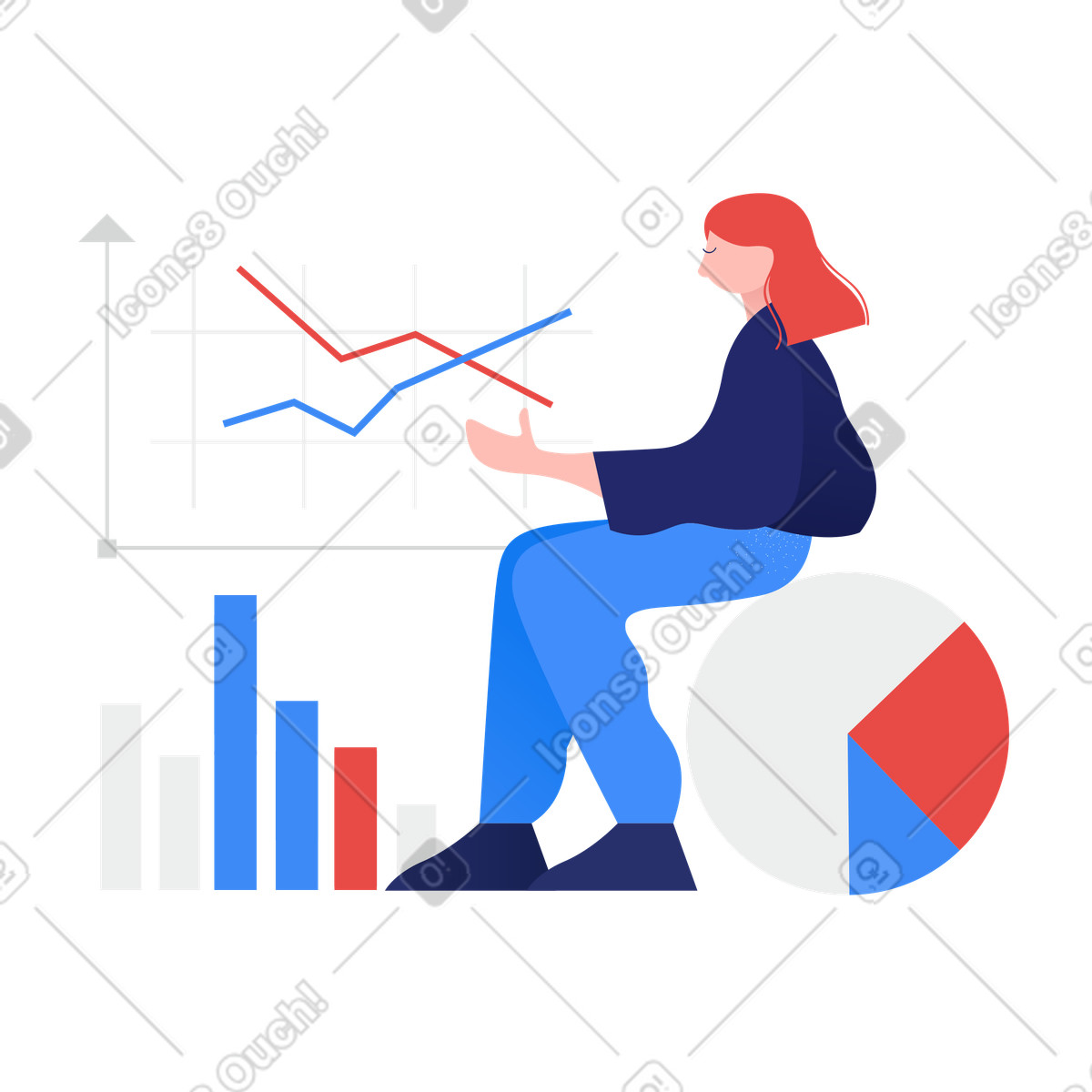 Finanzanalytikerin, die mit statistiken arbeitet-Illustration im Clip-Stil als Download in PNG, SVG