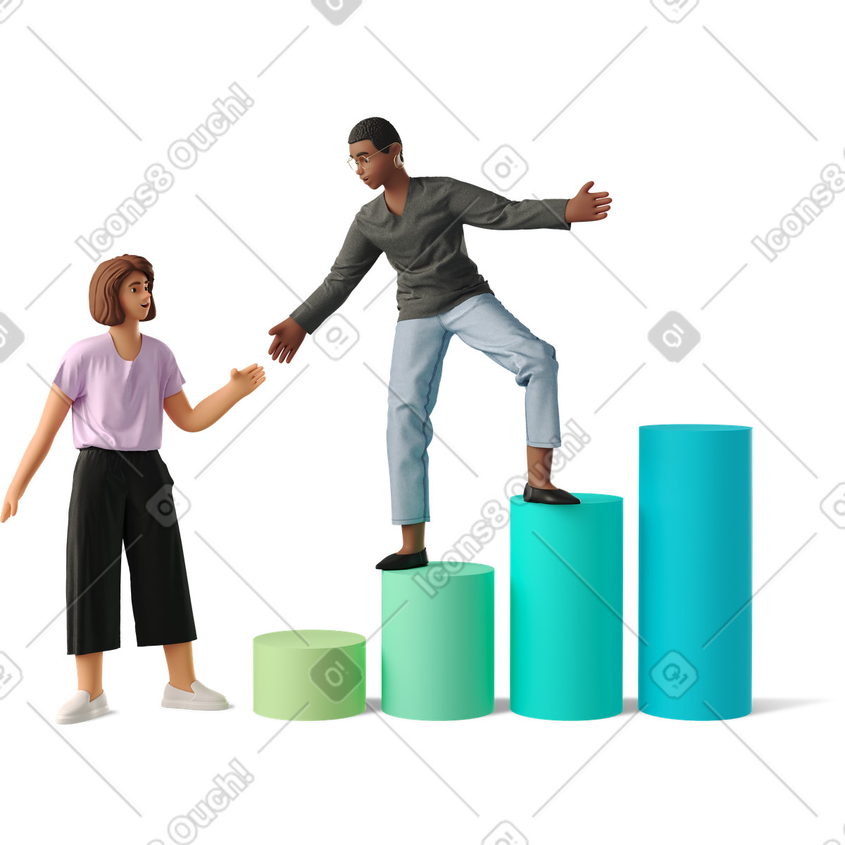 Coworkers walking on chart, Reaching goals together in business illustration 3D style download PNG, SVG