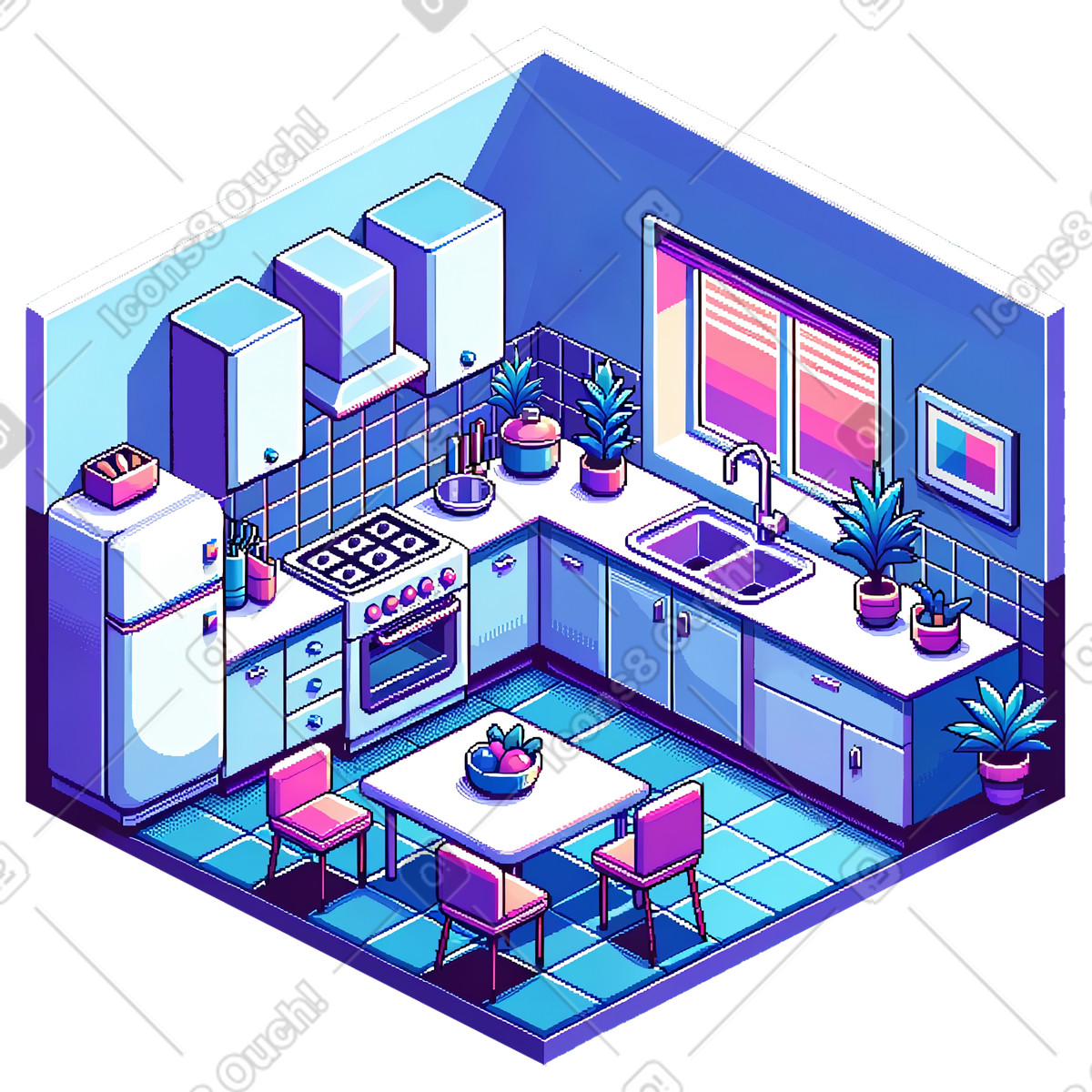Illustration Intérieur de petite cuisine en pixels isométriques dans le style Rooms à télécharger aux formats PNG, SVG