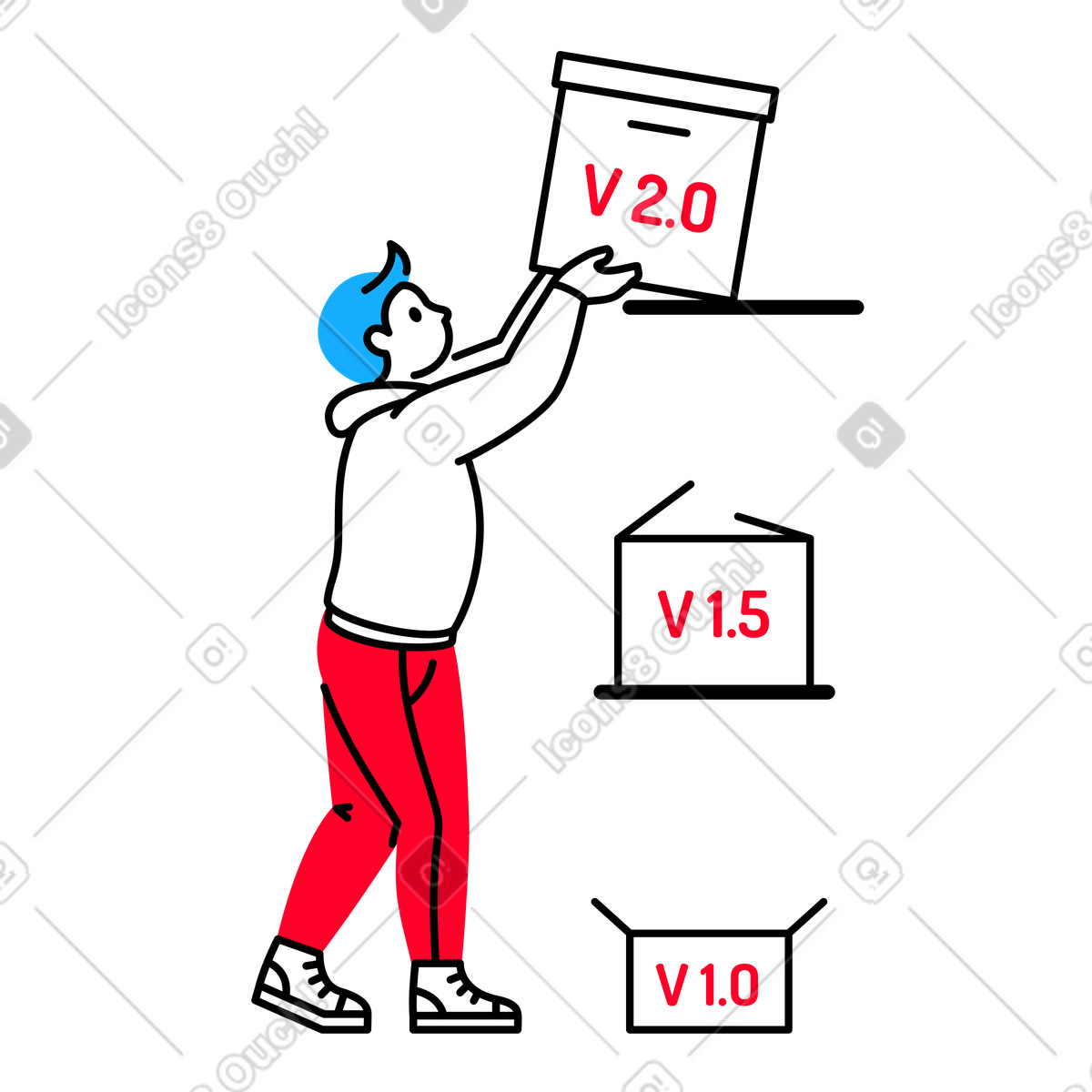 Illustration L'homme sort une grande boîte avec nouvelle version des mises à jour de l'étagère du haut dans le style Transistor télécharger aux formats PNG, SVG
