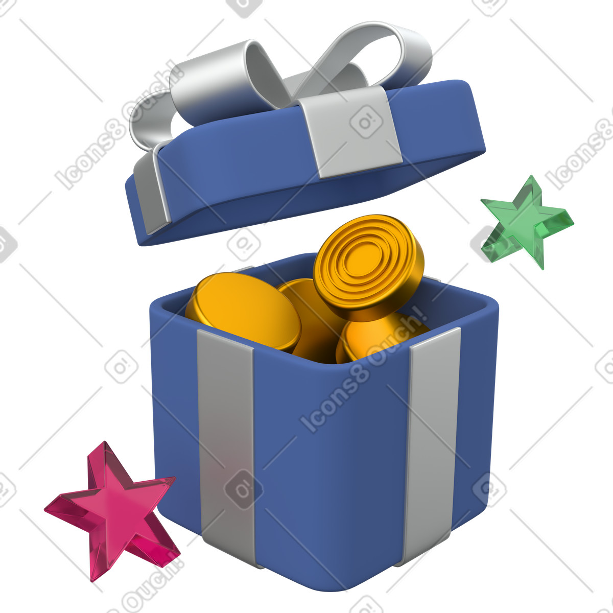 Reward gift box with golden coins and stars illustration in 3D Grid style download in PNG, SVG