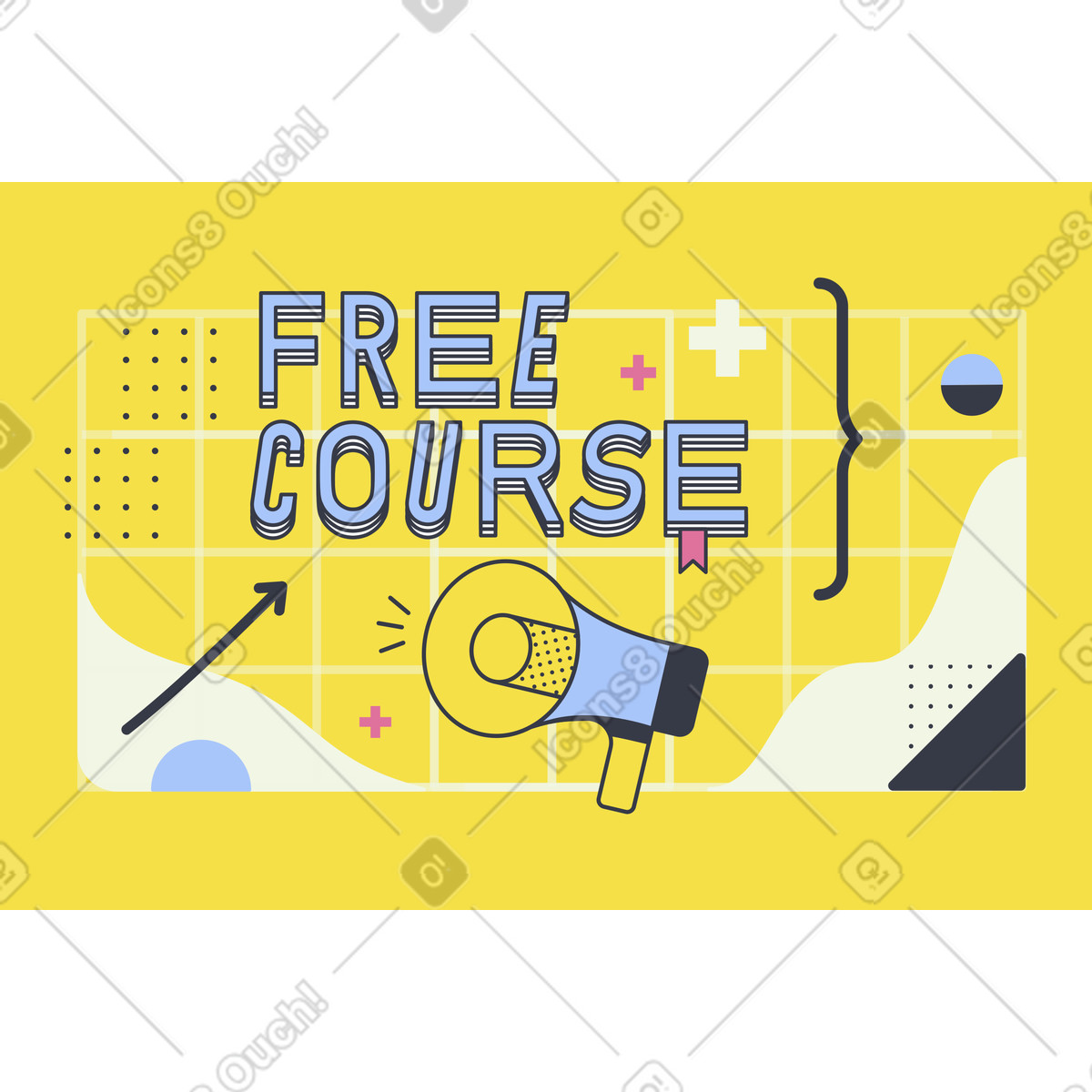 Ilustración Curso gratuito de lettering a lo grande con megáfono en estilo Abstract descargar en PNG y SVG