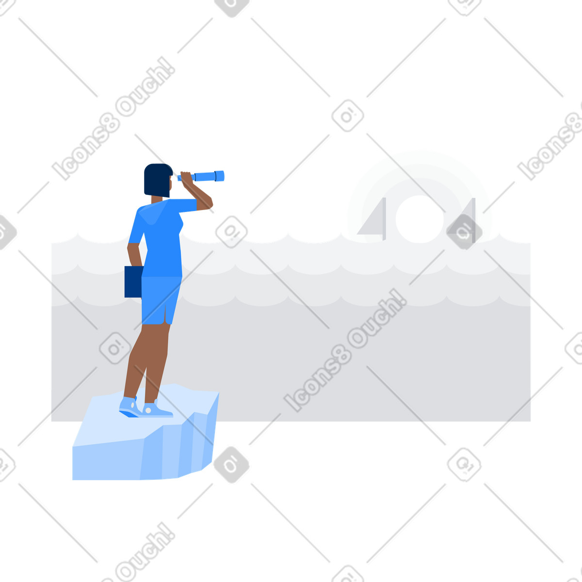 Иллюстрация Explorer with spyglass viewing 404 error over the sea, page not found concept в стиле Urban — скачать в форматах PNG, SVG