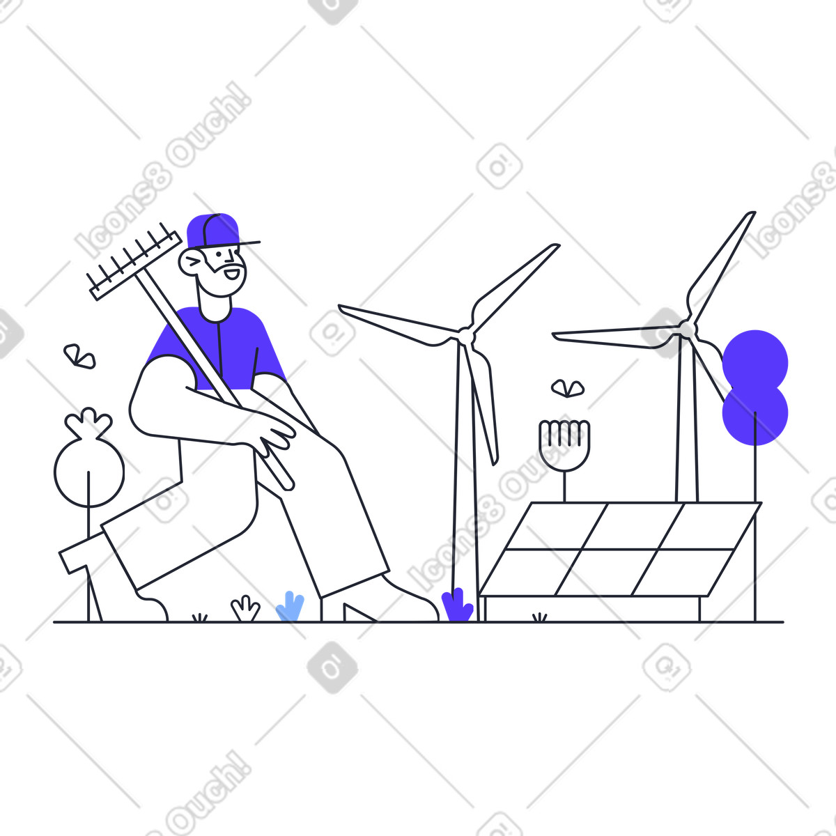 Farmer on sustainable farm with wind turbines and solar panels illustration in Pablita style download in PNG, SVG