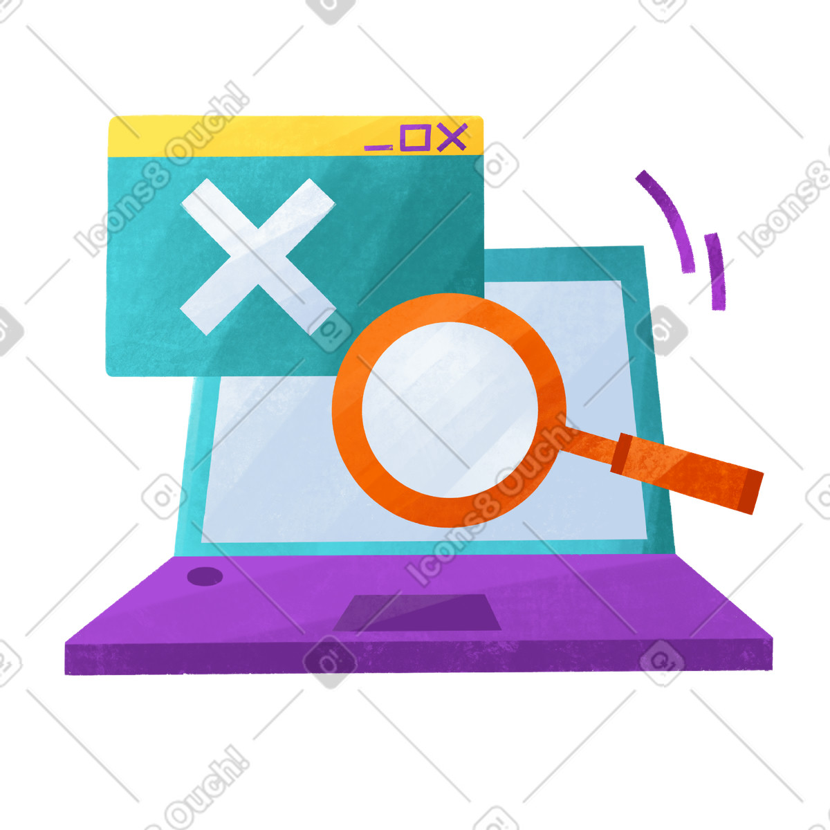 Laptop with magnifying glass and error window, 404 page not found illustration in Bonbon style download in PNG, SVG