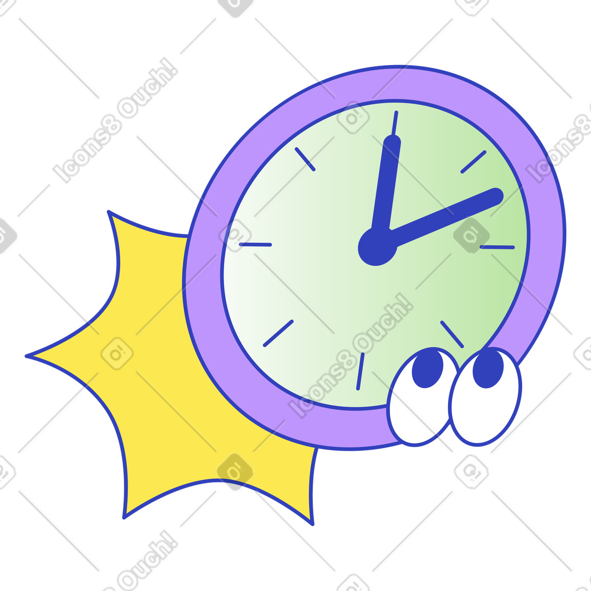 Eyeful スタイルの Clock character with eyes and sunburst shape suggesting morning time のイラストをPNG、SVG形式でダウンロード