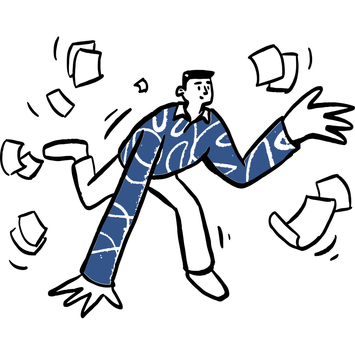 Ungeschickter mann lässt dokumente und akten fallen-Illustration im Open Doodles-Stil als Download in PNG, SVG
