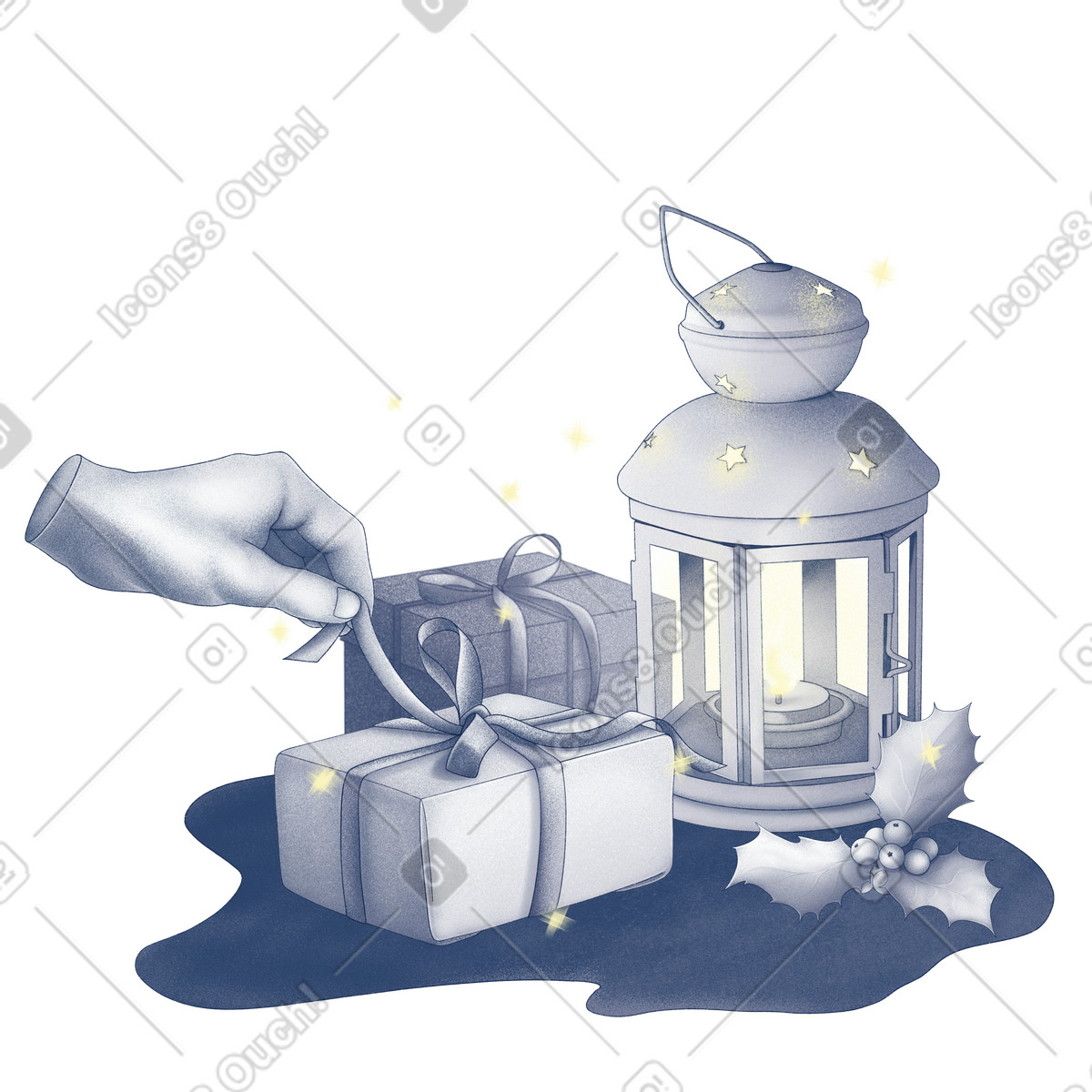 Regali di natale, bacche agrifoglio e lanterna con tealight illustrazione in stile Haze scarica in PNG, SVG