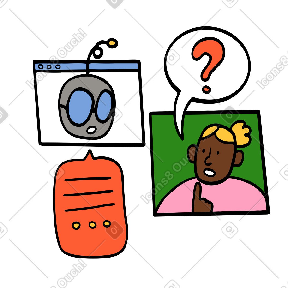 Comic スタイルの Woman asking AI chatbot questions のイラストをPNG、SVG形式でダウンロード