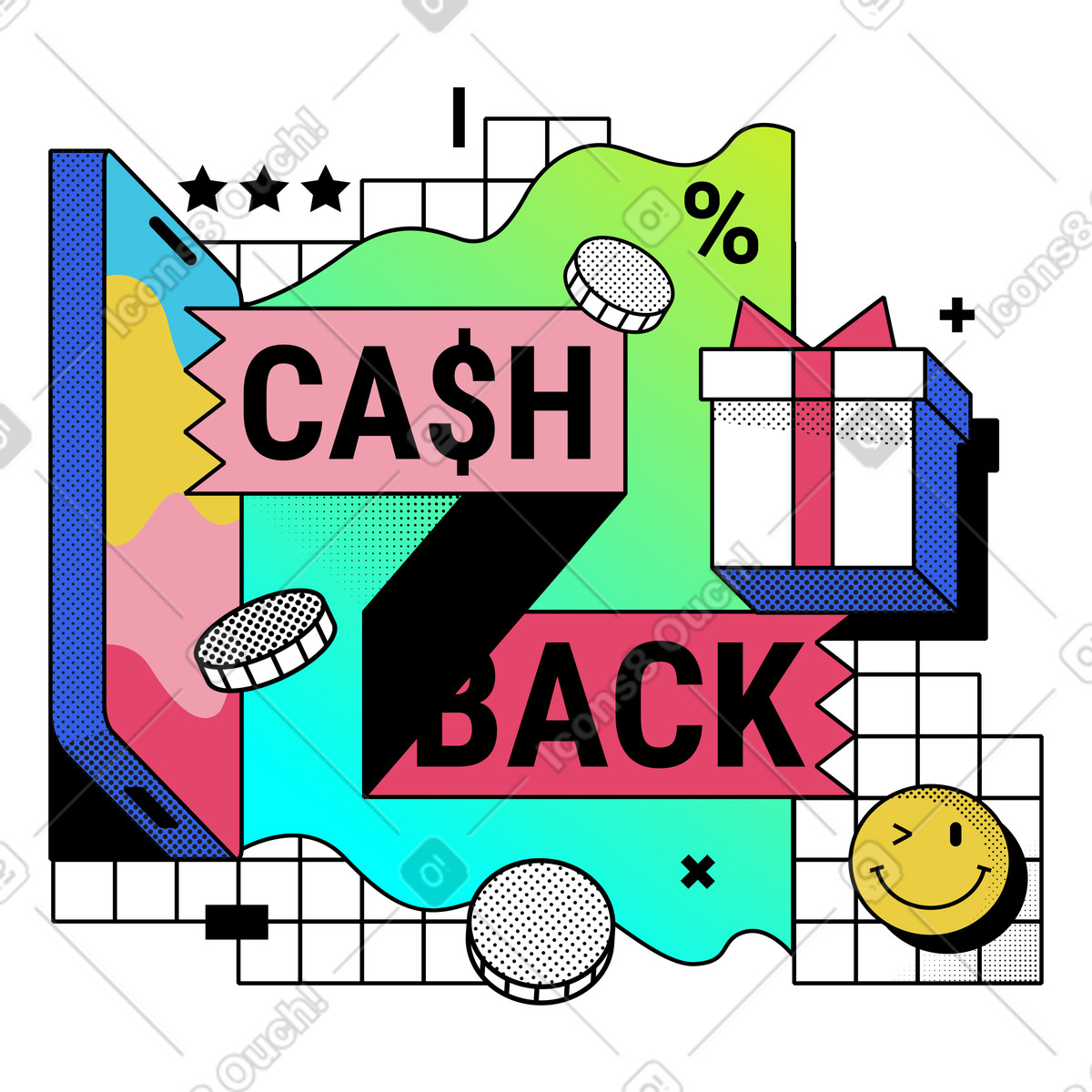 Loyalty program with cashback system illustration in Memphis style download in PNG, SVG