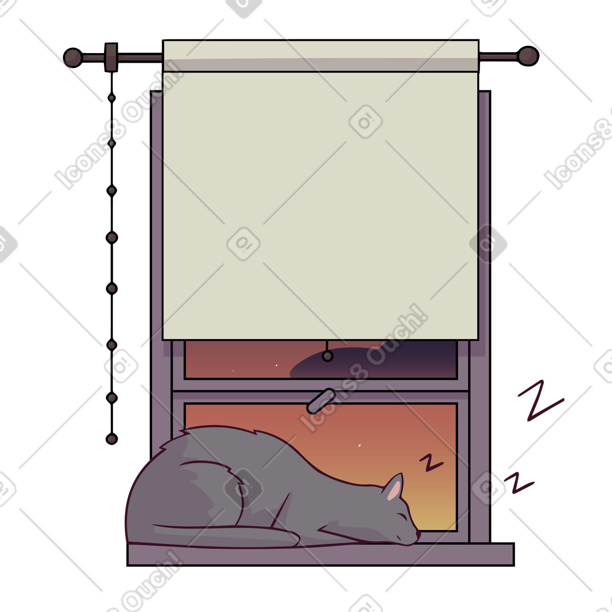 Katze schläft bei sonnenuntergang auf der fensterbank-Illustration im Eastwood-Stil als Download in PNG, SVG
