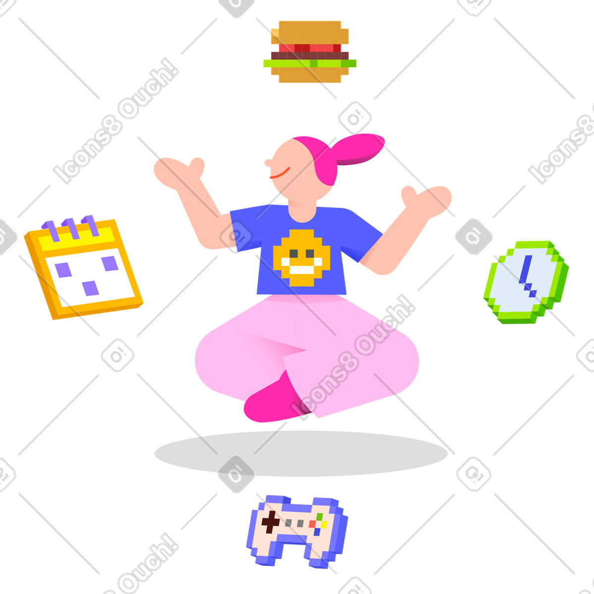 Ilustración animada Mujer logrando el equilibrio entre vida personal y laboral en estilo 8bit a descargar en GIF, Lottie (JSON), AE
