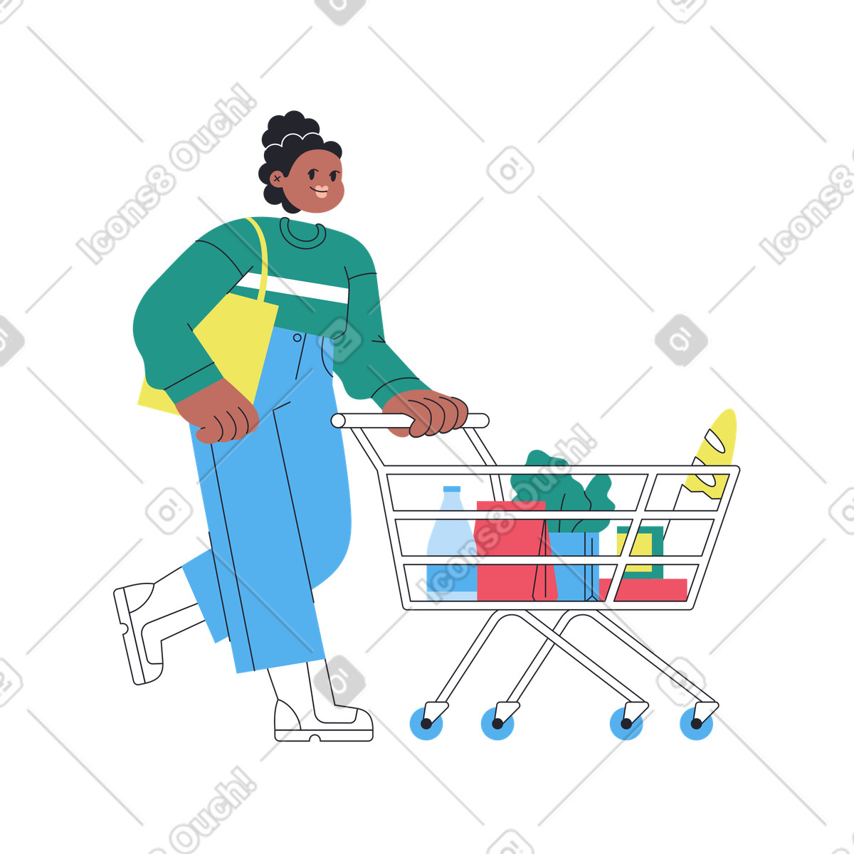Shopper pushing cart with groceries, Supermarket and household shopping animated illustration in Boba style download in GIF, Lottie (JSON), AE