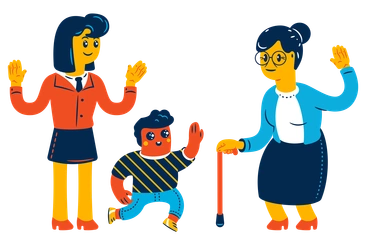 A woman, a child, and an elderly woman waving - Flame style illustration
