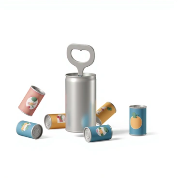 A shiny silver can opener, featuring a curved handle and a pointed blade, is depicted in the center of the image, standing upright as if it is alive. The can opener's handle is slightly tilted, giving it a playful demeanor. Surrounding it are several colorful cans of different shapes and sizes, including a red soda can, a blue vegetable can, and a yellow soup can, all scattered around the can opener. Each can has distinctive labels, featuring bold graphics and bright colors that enhance the whimsical atmosphere. The can opener's blade is glistening, suggesting it is ready for action, while the scene conveys a sense of joy and energy.