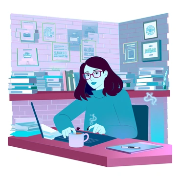 A writer with medium-length brown hair, wearing glasses and a casual sweater, is seated at a wooden table in a notorious literary café. The café has an eclectic décor, with exposed brick walls and vintage posters. Around the writer are stacks of various books, some open, others leaning precariously. A steaming cup of coffee sits on the table, emitting wisps of steam. The writer is focused on typing on a sleek laptop, with a pen and notepad beside them, creating an atmosphere of concentration and creativity. Soft, ambient lighting highlights the scene, casting gentle shadows around the café.