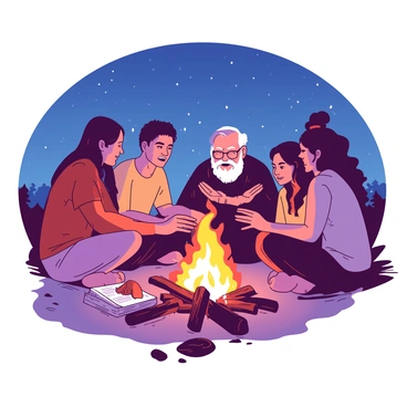 A group of five individuals is sitting closely around a campfire, with glowing orange flames illuminating their faces. Each person has a different expression, reflecting their engagement with the storyteller. There are two men and three women, with one woman leaning forward, captivated by the stories. The storyteller, an older man with a grey beard, is animatedly gesturing as he shares tales, his eyes sparkling with enthusiasm. The night sky above them is clear, with twinkling stars visible. Surrounding the campfire, there are natural elements such as logs and scattered stones, creating a rustic atmosphere. The warmth of the fire contrasts with the cool night air, creating a cozy and inviting scene.