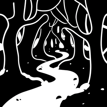 A winding path leads through a dense, dark forest. The trees have thick trunks and twisting branches, creating a maze-like formation. Shadows stretch across the ground, with varying patterns cast by the branches above. The path itself is narrow and uneven, partially obscured by fallen leaves and small rocks. Shadows loom large, enhancing the sense of depth and mystery in the forest.