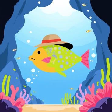 A colorful fish with iridescent scales wearing a small brown explorer's hat swims through a network of underwater caves. The caves are adorned with vibrant coral formations and schools of tiny fish darting around. Bubbles trail behind the fish as it maneuvers gracefully between the rocky outcrops and illuminated patches of sunlight filtering through the water above.